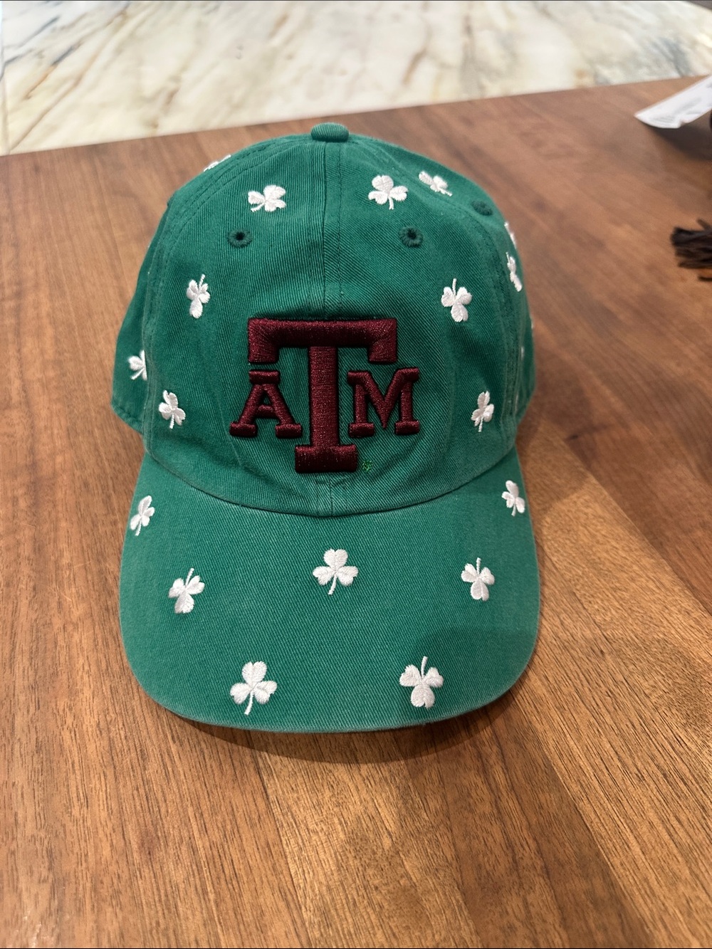 A & M 47 Brand Green Cap with White Shamrocks